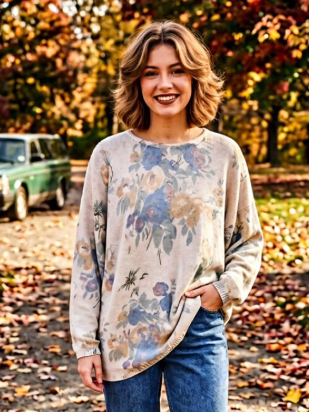 Vtg 80s Floral Angora Cottagecore Dolman Sleeve Sweater